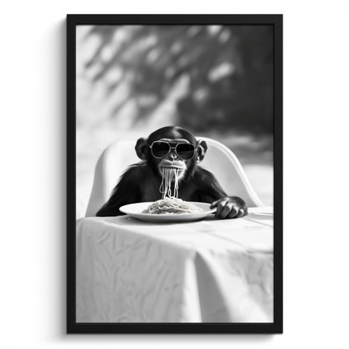 Poster met lijst - Aap - Spaghetti - Zonnebril - Zwart wit - Cool - Dier