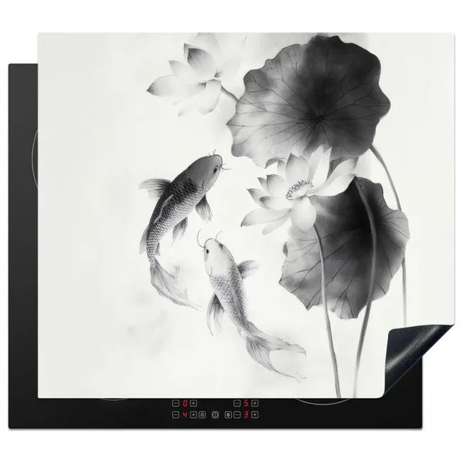 Inductie beschermer - Lotusbloemen - Vissen - Bladeren - Zwart