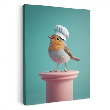 Canvas schilderij - Roodborstje - Vogel - Koksmuts - Sokkel