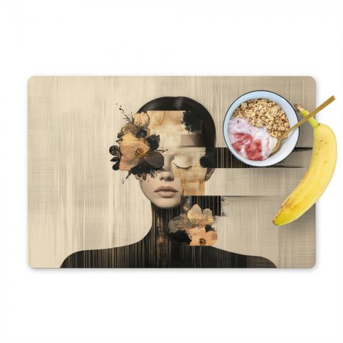 Placemat vinyl - Gezicht - Bloemen - Zwart - Vrouw
