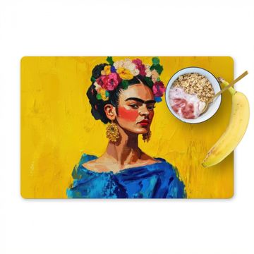Placemat vinyl - Frida Kahlo - Vrouw - Geel - Blauw - Bloemen