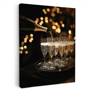 Canvas schilderij - Lichtjes - Champagne - Dienblad - Glazen