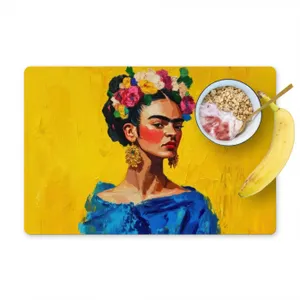 Placemat vinyl - Frida Kahlo - Vrouw - Geel - Blauw - Bloemen