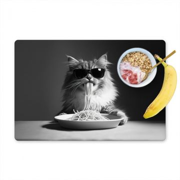 Placemat vinyl - Langharige kat - Zonnebril - Spaghetti - Humor - Zwart - wit