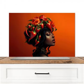 Spatscherm Aluminium - Vrouw - Chilipepers - Pepers - Bloemen