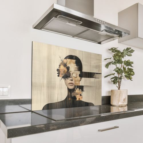 Spatscherm Aluminium - Gezicht - Bloemen - Zwart - Vrouw