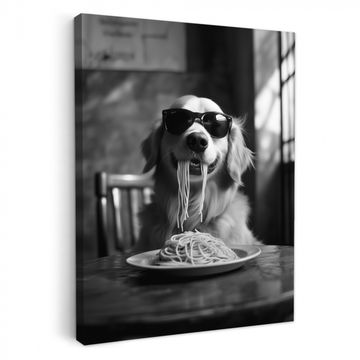 Canvas schilderij - Golden Retriever - Hond - Vrolijk -  Bord spaghetti - Zwart - wit