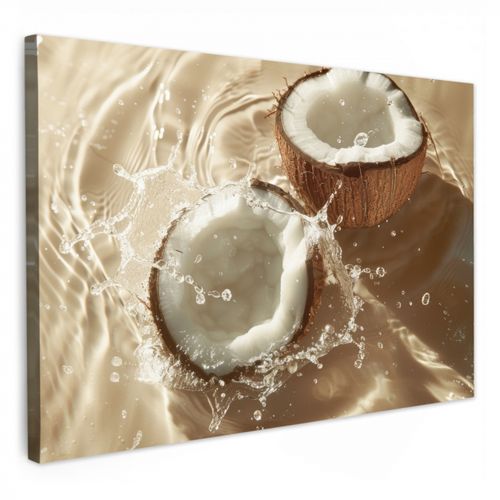 Canvas schilderij - Kokosnoot - Water - Beige - Spetters