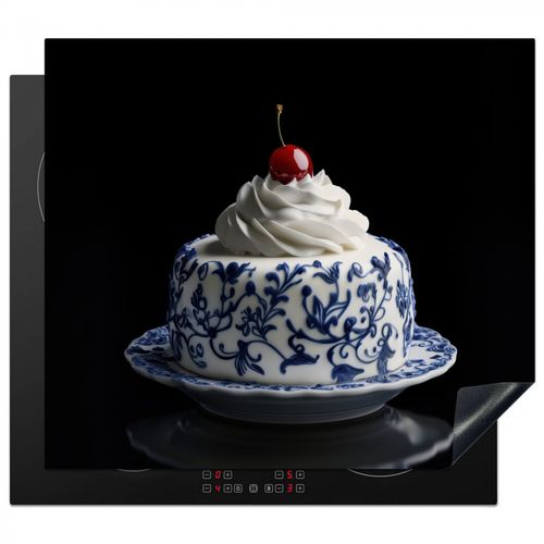 Inductie beschermer - Taart - Slagroom - Kers - Bord - Delfts blauw