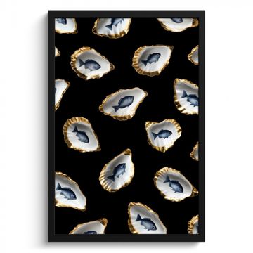 Poster met lijst - Oesters - Vissen - Blauw - Goud