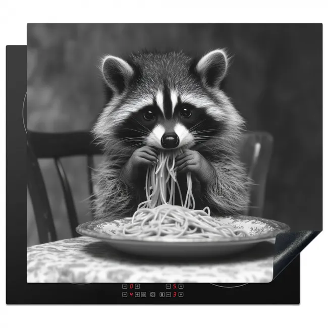 Inductie beschermer - Wasbeer - Cute - Pasta - Tafelkleed - Zwart - Wit