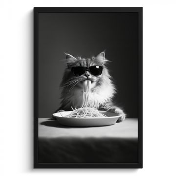 Poster met lijst - Langharige kat - Zonnebril - Spaghetti - Humor - Zwart - wit