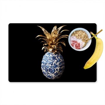 Placemat vinyl - Ananas - Bloemen patroon - Goud - Delftsblauw