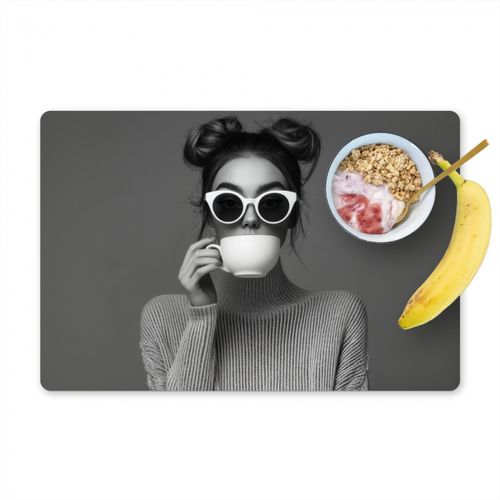 Placemat vinyl - Vrouw - Koffie - Zwart - Wit
