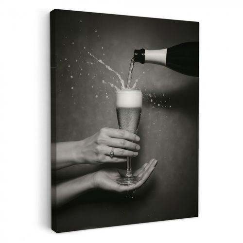 Canvas schilderij - Champagnefles - Glas - Minimalistisch - Spetters