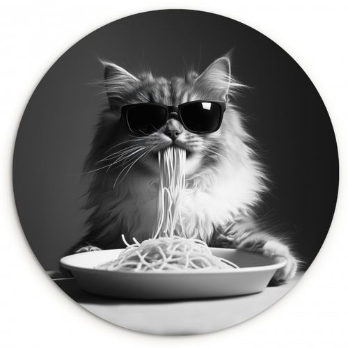 Muurcirkel - Langharige kat - Zonnebril - Spaghetti - Humor - Zwart - wit