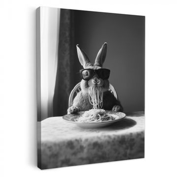 Canvas schilderij - Konijn - Bunny - Zonnebril - Tafelkleed - Pasta - Schattig
