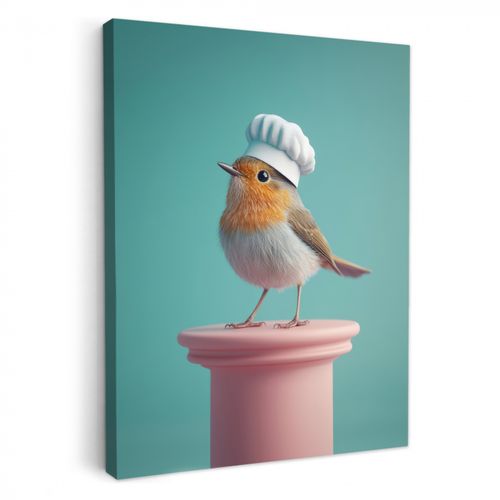 Canvas schilderij - Roodborstje - Vogel - Koksmuts - Sokkel