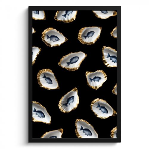Poster met lijst - Oesters - Vissen - Blauw - Goud