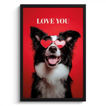 Poster met lijst - Hond - Hartjesbril - Loveyou - Rood