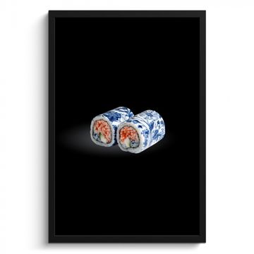 Poster met lijst - Sushi - Delfts blauw - Rijst - Vis - Elegant