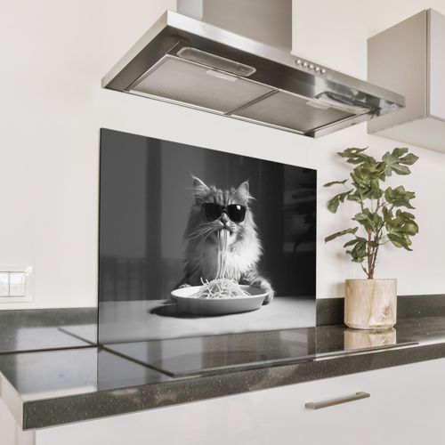 Spatscherm Aluminium - Langharige kat - Zonnebril - Spaghetti - Humor - Zwart - wit