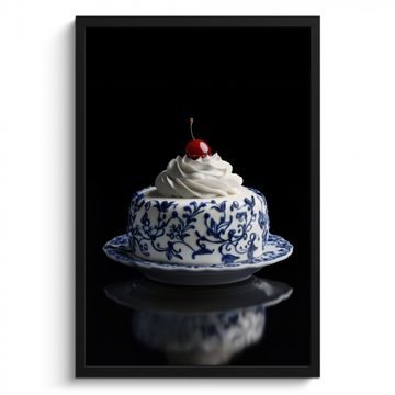 Poster met lijst - Taart - Slagroom - Kers - Bord - Delfts blauw