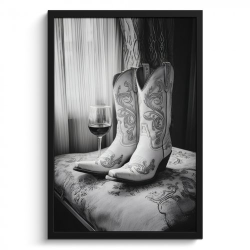 Poster met lijst - Wijn - Cowboylaarzen - Raamlicht - Wit