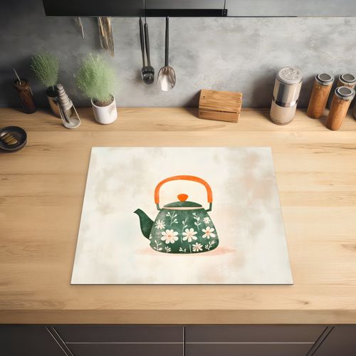 Inductie beschermer - Theepot - Groen - Bloemen - Oranje
