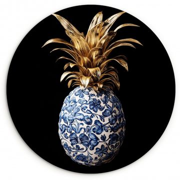 Muurcirkel - Ananas - Bloemen patroon - Goud - Delftsblauw