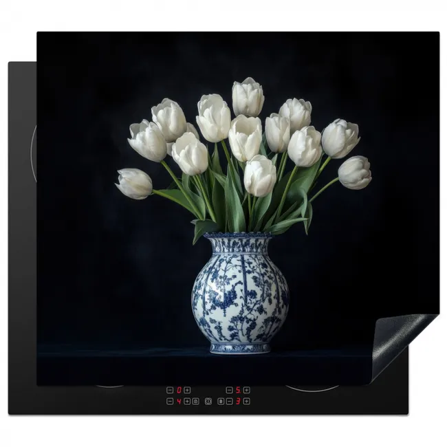 Inductie beschermer - Wit - Bloemen - Tulpen - Vaas