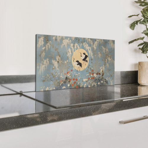 Spatscherm Aluminium - Kraanvogels - Maan - Bloemen - Blauw