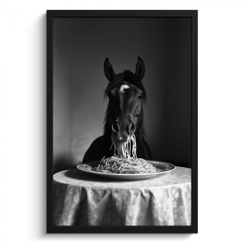 Poster met lijst - Paard - Bord - Pasta - Tafelkleed - Zwart Wit - Dieren