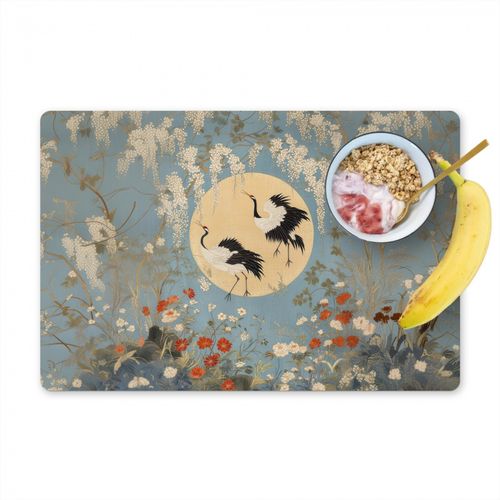 Placemat vinyl - Kraanvogels - Maan - Bloemen - Blauw