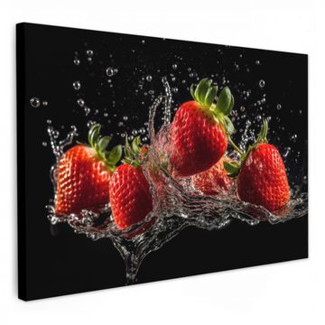 Canvas schilderij - Aardbeien - Fruit - Rood - Water - Zwart