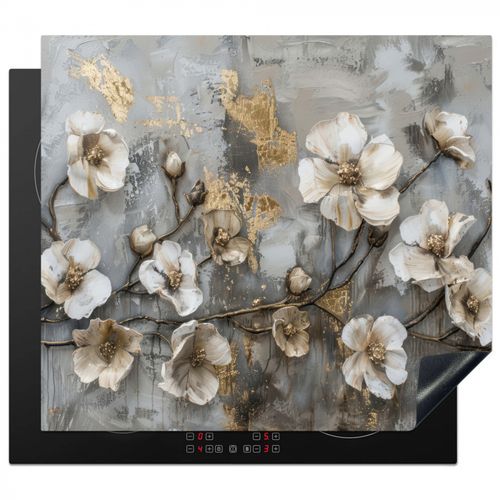 Inductie beschermer - Bloemen - Wit - Grijs - Goud - Luxe