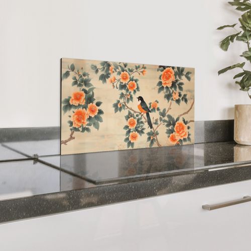 Spatscherm Aluminium - Vogel - Tak - Bloemen - Oranje