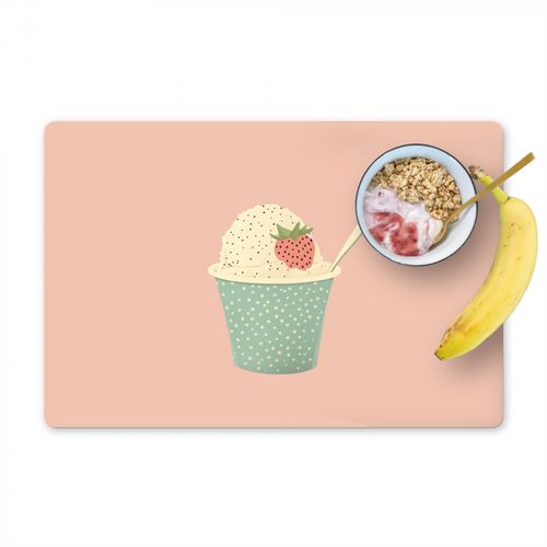 Placemat vinyl - Bakje - Ijs - Aardbei - Roze