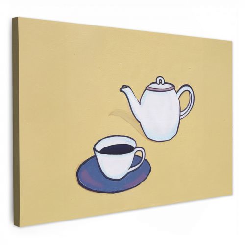 Canvas schilderij - Theepot - Kopje - Beige - Illustratie