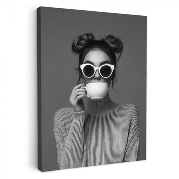 Canvas schilderij - Vrouw - Koffie - Zwart - Wit