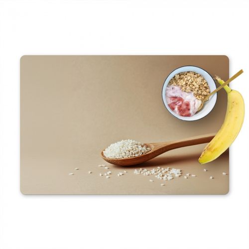 Placemat vinyl - Lepel - Rijst - Hout - Beige