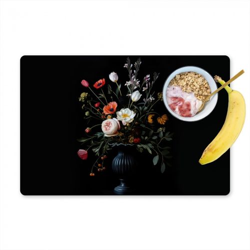 Placemat vinyl - Bloemstuk - Vaas - Zwart