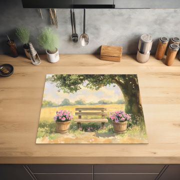 Inductie beschermer - Houten bankje - Bloempotten - Landschap