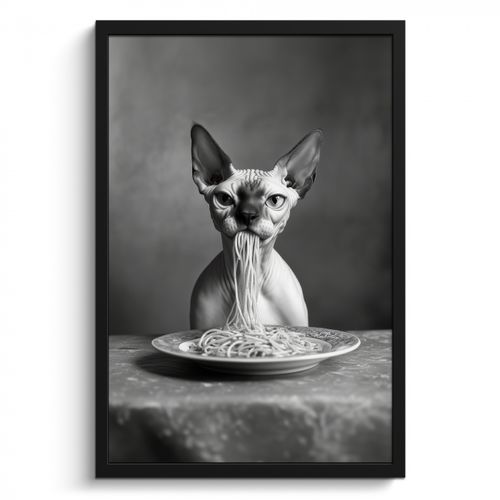 Poster met lijst - Sphynx - Kat - Dieren - Humor - Spaghetti - Zwart Wit