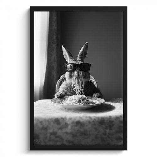 Poster met lijst - Konijn - Bunny - Zonnebril - Tafelkleed - Pasta - Schattig