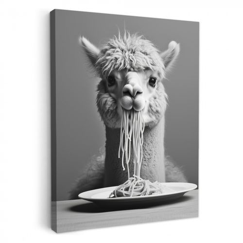 Canvas schilderij - Alpaca - Pasta - Zwart - Wit - Grappig - Dieren