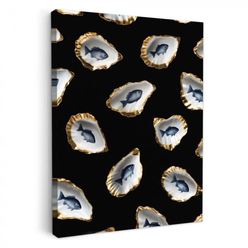Canvas schilderij - Oesters - Vissen - Blauw - Goud