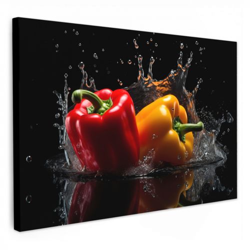 Canvas schilderij - Paprika - Water - Zwart - Groente - Rood - Geel