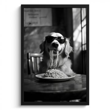 Poster met lijst - Golden Retriever - Hond - Vrolijk -  Bord spaghetti - Zwart - wit