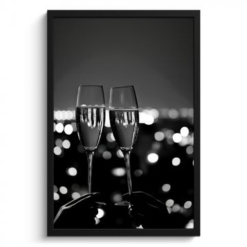 Poster met lijst - Bubbels - Proosten - Champagneglazen - Stadslichten